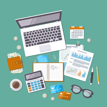 Accounting concept. Tax day. Financial analysis, tax payment, pay day, calculation, statistics, research. Forms, charts, graphs, calendar, calculator, wallet, money, credit card, coins, desk Top view.