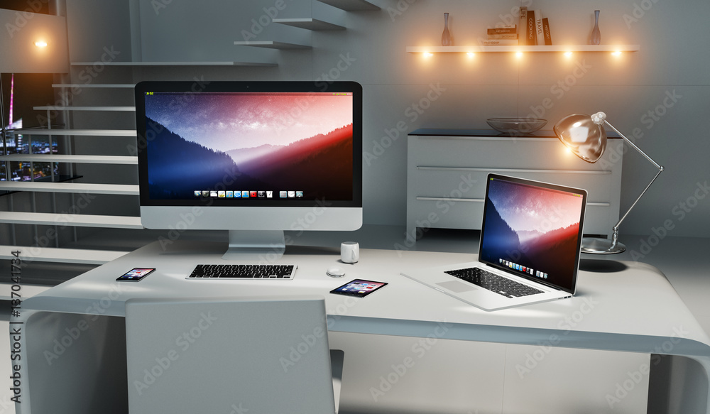 Poster modern dark desk office interior with computer and devices 3d re