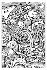 Kraken, the giant octopus. Engraved fantasy illustration. Mythical collection
