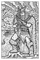 Viking or sea king. Engraved fantasy illustration. Mythical collection