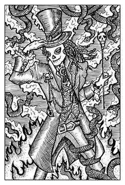 Baron Samedi. Engraved fantasy illustration. Mythical collection