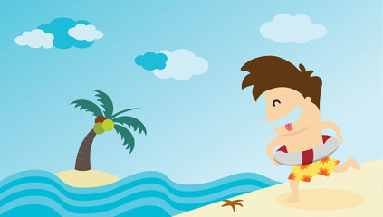 Fototapeta na wymiar Man running to summer beach. Vector illustration.