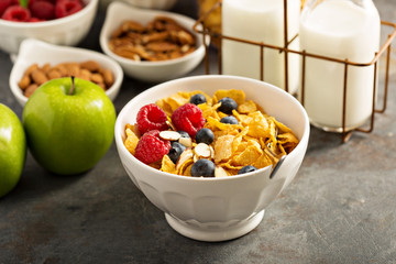 Cereal bar or buffet wih cornflakes, fruit and nuts