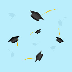 Graduation hats in the air vector illustration, graduate caps trowing up in sky, flying academic hat, flat cartoon style design isolated on blue background