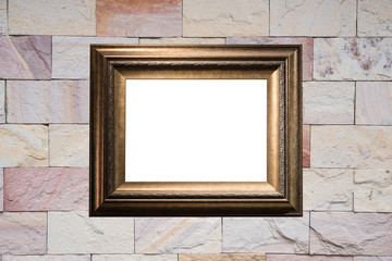 Fototapeta na wymiar Blank golden frame on marble stone wall