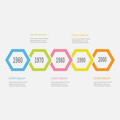 Five step Timeline Infographic. Colorful polygon line segment. Text Template. Flat design. White background. Isolated.