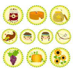 Fototapeta premium Thanksgiving native characters and items icon set.