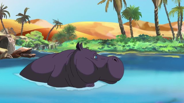Cartoon African Hippo open mouth and shows his canines. Handmade animation,  motion graphic.