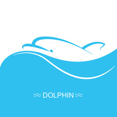 Fototapeta premium Dolphin logo on blue sea wave background.Vector flat illustratio
