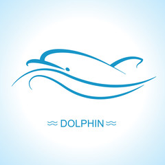 Dolphin and sun logo poster on blue sea wave background.Vector flat symbol illustration for text