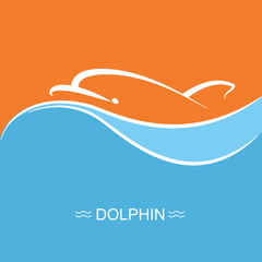 Dolphin and sun logo poster on blue sea wave background.Vector flat symbol illustration for text