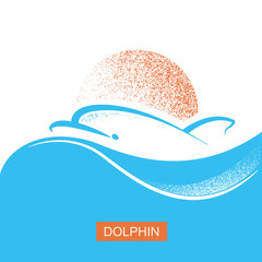 Dolphin and sun logo poster on blue sea wave background.Vector flat symbol illustration for text