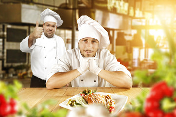 cook chef and food in kitchen 