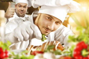 cook chef and food in kitchen 