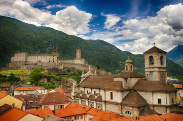 Fototapeta na wymiar Collegiate Church and Castelgrande castle in Bellinzona, Ticino, Switzerland