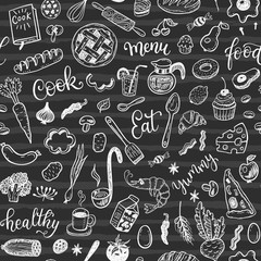 Fototapeta na wymiar Seamless vector pattern with hand drawn food on a chalkboard background