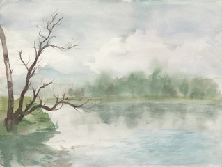 Watercolor landscape. Park with lake. Outdoors. Forest. - 137046598