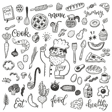 Hand drawn doodle food set with chief cook.