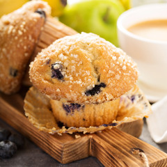 Blueberry and banana muffins with coffee for breakfast