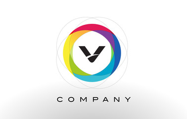 V Letter Logo with Rainbow Circle Design.