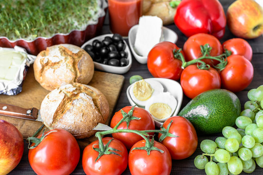 Healthy breakfast ingredients of vegetarian food, fruits and vegetables