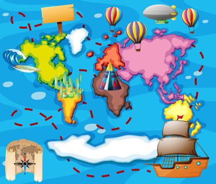 World map with different transportations