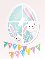Happy Easter! Bunnies are looking through the oval(egg) shape wi