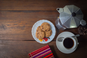 coffee cookie on table wood in the morning 