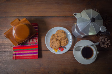 coffee cookie on table wood in the morning 