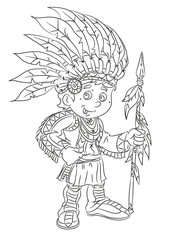 happy smiling cartoon american indian standing with spear