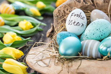 Osternest mit blauen Eiern und gelben Tulpen
