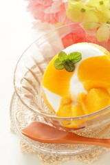mango sherbet and vanilla ice cream