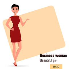 Young cartoon businesswoman with short hair wearing strict gray dress. Beautiful girl presenting business plan, startup. Fashionable modern lady. Vector illustration. EPS10