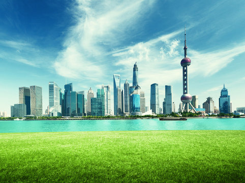 Shanghai skyline and green grass in park, China