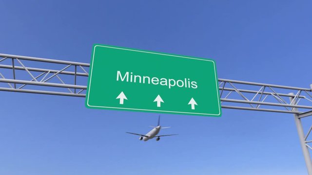 Twin engine commercial airplane arriving to Minneapolis airport. Travelling to United States conceptual 4K animation