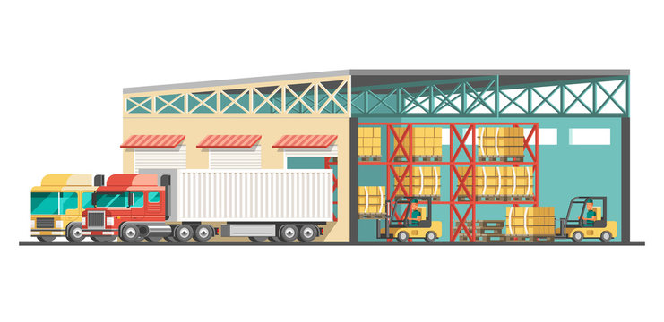 Delivery service concept.Truck, pallets and warehouse. 3d vector illustration.