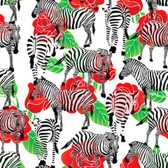 zebra seamless pattern with red roses. Savannah Animal ornament. Wild animal design trendy fabric texture, illustration.