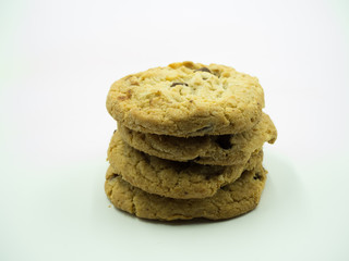 Chocolate chip cookies on white background