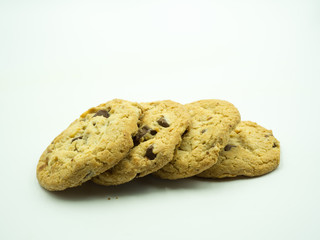 Chocolate chip cookies on white background