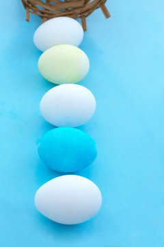 Easter eggs in a row on a blue background