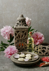 Bowl with floating candles in the spa