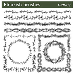 Flourish brushes, waves. You can draw any line or path and apply a brush. Also, you can make frames with different shapes (round, square,...) because all brushes include outer and inner corner tiles