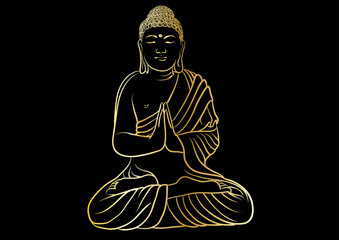 Drawing of a Buddha statue. Art vector illustration of Gautama - gold line art on a black background. Buddhism Religion