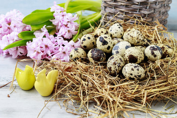 Obraz premium Wicker basket with quail eggs