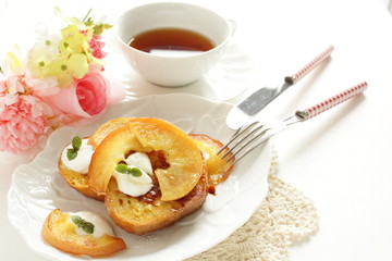 baked apple with yogurt on homemade french toast