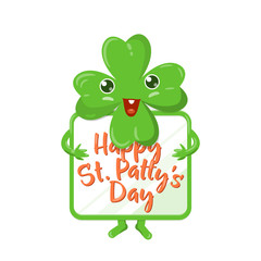 Vector illustration of four leaved green emoji clover with celebration poster