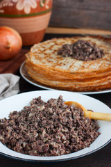 Stuffing for the pancakes of offal, selective focus