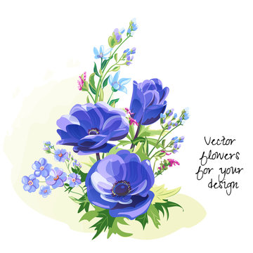 Bouquet of blue flowers, anemone and forget-me-not, stems and leaves on white background, digital draw, watercolor painting style, decorative illustration, vector