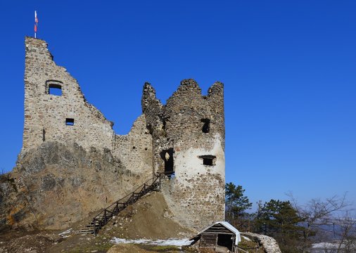 Ruins of castle Reviste, Slovakia, during winter season, view from southern side