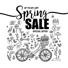 poster Spring sales, set of black icons and symbols with bike on white background, flyer templates with lettering. Typography poster, card, label, banner design element. Vector illustration